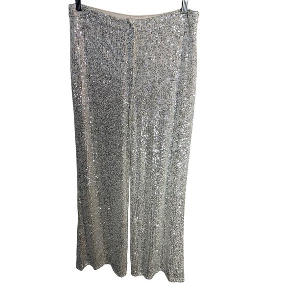 Aakaa Pants - NWT Aakaa Women's Silver Sequin Lined Wide Leg Pants L Glam Holiday Party Disco